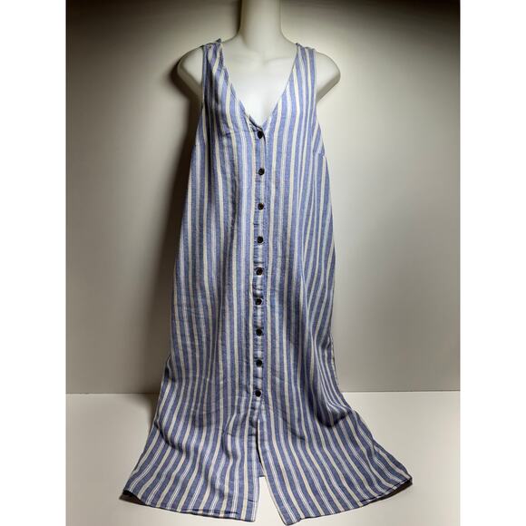 Old Navy Women’s Linen Dress Midi Button Up Blue Striped Sz L Pockets Coastal - Picture 1 of 7